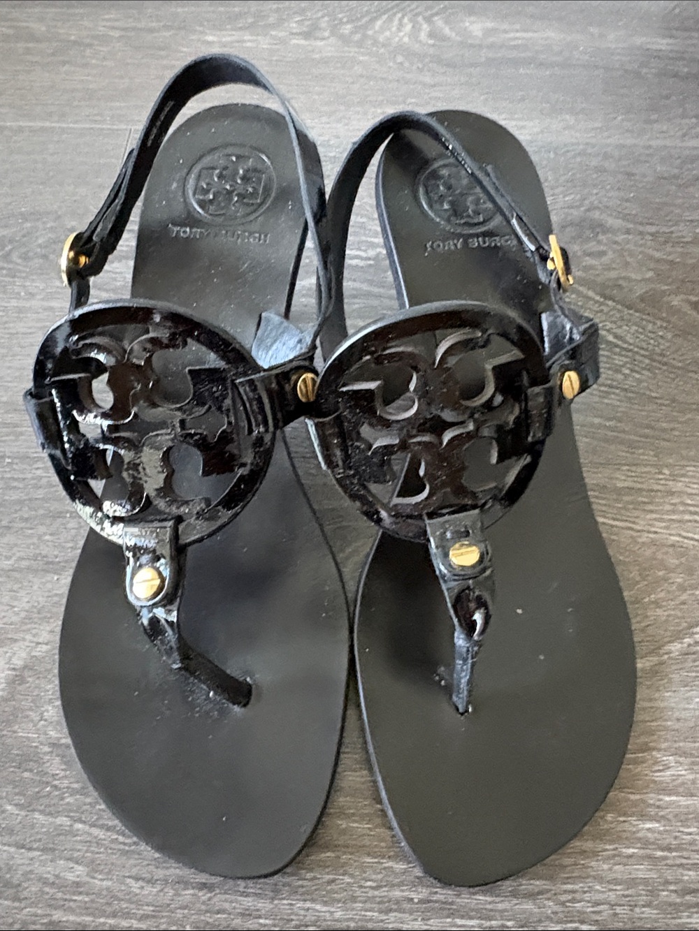 Tory Burch Black Patent Miller Logo Thong Sandals with Gold Accents